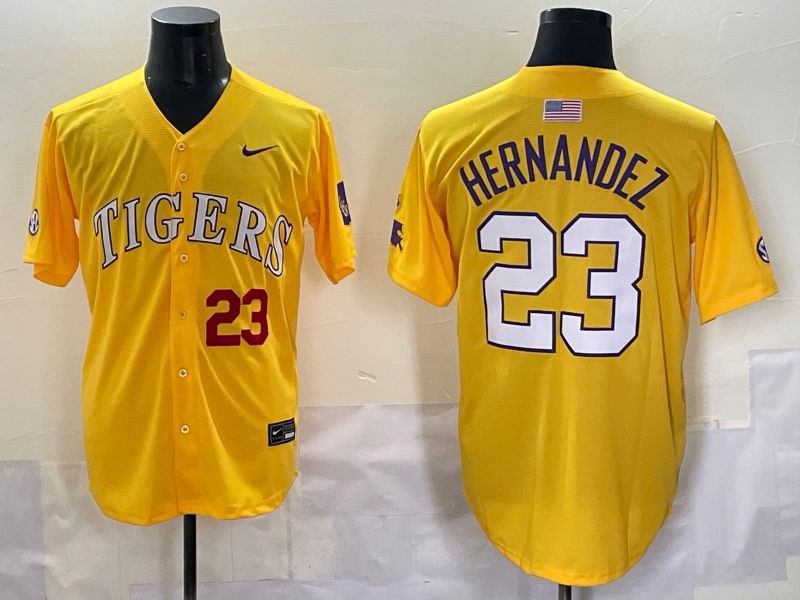 Men 2025 LSU Tigers #23 Hernandez Yellow Nike Joint Name Nike NCAA Jersey style 6
